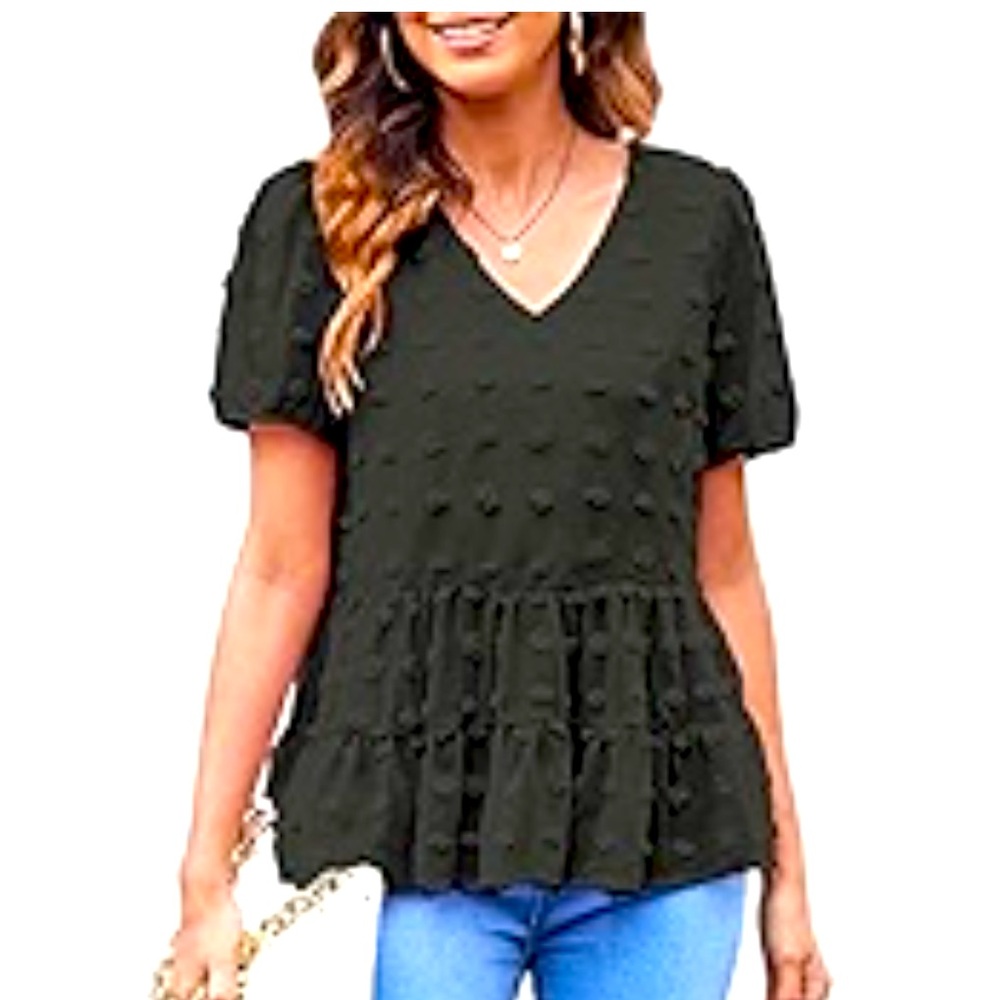 NWT‎ Hotouch Swiss Dot Black Short Sleeve Vneck Babydoll Top Lined Size Medium